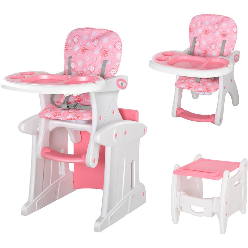 HOMCOM 3 in 1 Convertible Baby High Chair Toddler Table Chair Infant Feeding Seat Pink