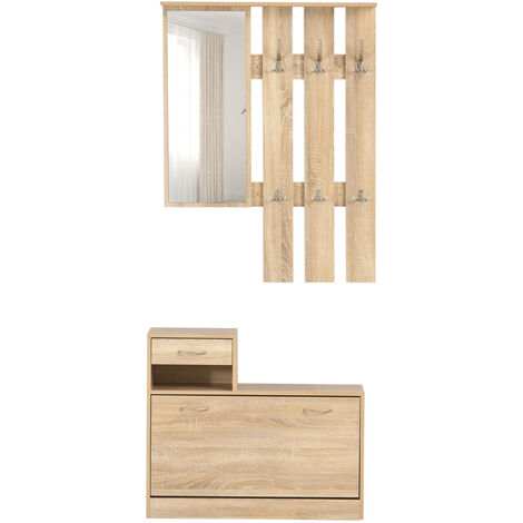 HOMCOM 3-in-1 Garderobenset Flurgaderobe mit Schuhschrank Garderobe, Wandspiegel, 6 Haken, Natur, 30,5 x 75,5 cm (Spiegel) - natur