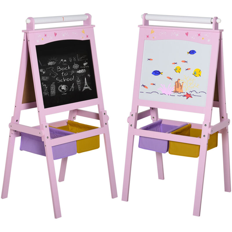 Jouet Kids Double-Sided Wooden Art Easel with Paper Roll, Chalkboard & Whiteboard - Pink, Pink
