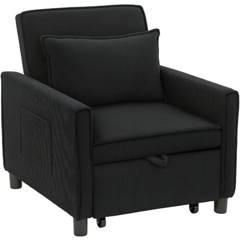 HOMCOM 3-in-1 Schlafsessel, Klappbett mit Bettfunktion, Lendenkissen, Klappbar Liegestuhl mit Verstellbarer Rückenlehne, Rollen, Seitentasche, für Wohnzimmer, Kord, Schwarz
