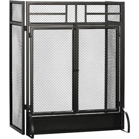 HOMCOM 3-Panel Folding Freestanding Fireplace Screen with Door Metal Mesh, Black
