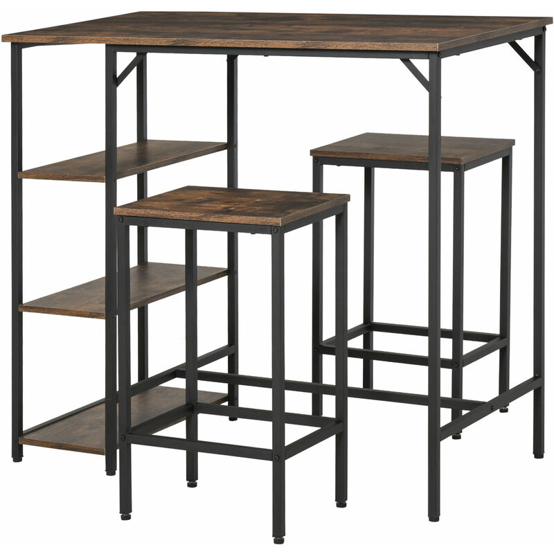 Homcom - 3 Pcs Industrial-Style Dining Set w/ 2 Stools Table & Shelves Compact Furniture
