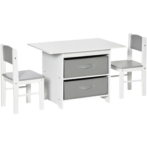 HOMCOM 3 Pcs Kids Table & Chairs Set Toddler Furniture w/ Storage Drawers White