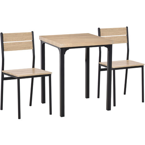 HOMCOM 3-teilige Essgruppe Sitzgruppe Esstisch Set Holztisch MDF + Metall Naturholzmaserung + Schwarz mit 1 Tisch + 2 Stühlen