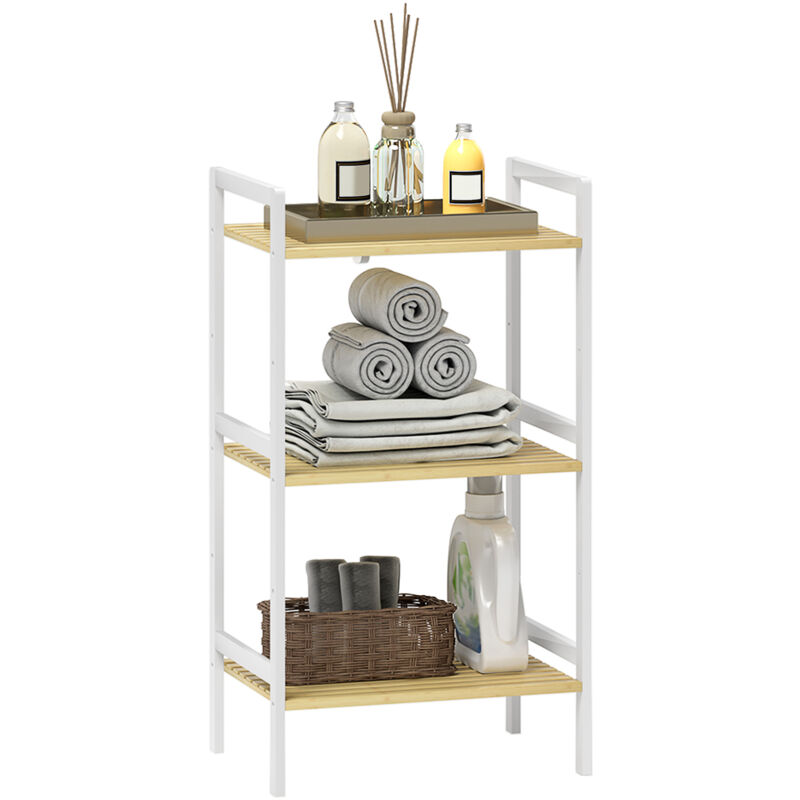 3-Tier Bamboo Bathroom Storage Shelf with Adjustable Rack, White - Homcom