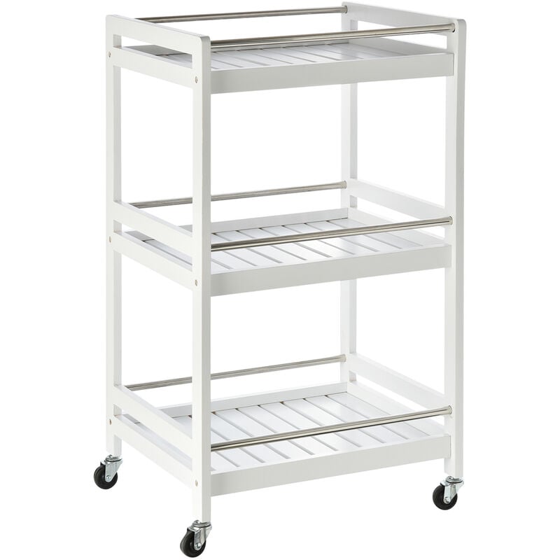 3-Tier Home Trolley Kitchen Storage w/ Steel Bars 4 Wheels Rolling White - Homcom