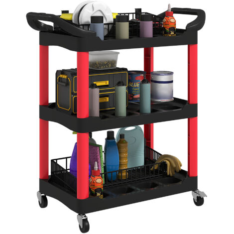 HOMCOM 3-Tier Rolling Tool Cart, Tool Trolley on Wheels for Garage, Black