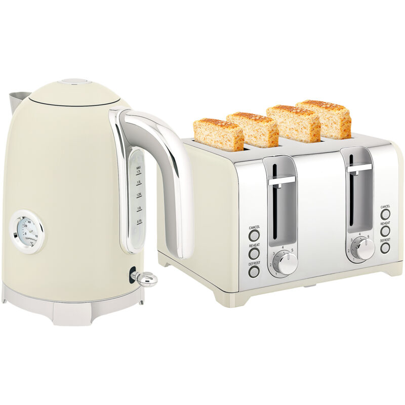 HOMCOM 3000W 1.7L Kettle with Retro Thermometer, 4 Slice Toaster Set, Grey