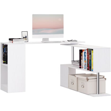 HOMCOM 360° Rotating L-Shaped Desk Computer Desk with Storage Shelf, White - White