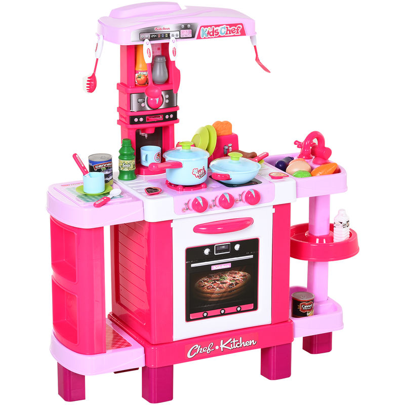 38-Piece Children's Kitchen Play Set w/ Realistic Sounds Lights Food Pink - Homcom