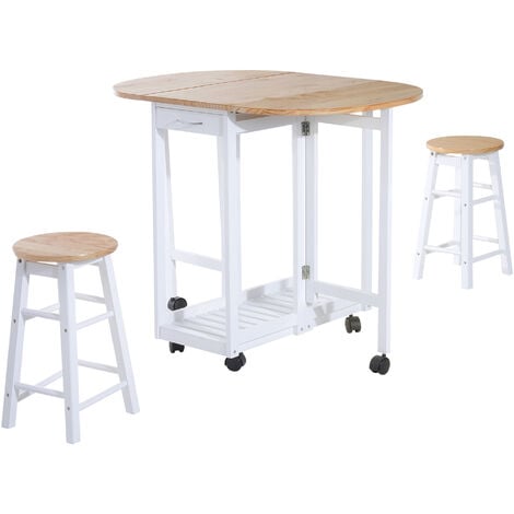 HOMCOM 3pc Wooden Kitchen Cart Trollet Table Folding Stools Space-saving