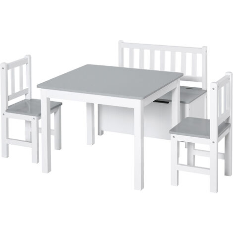 main image of "HOMCOM 4-Piece Kids Table and Chair Set with 2 Wooden Chairs, 1 Storage Bench, and Interesting Modern Design, Grey/White"