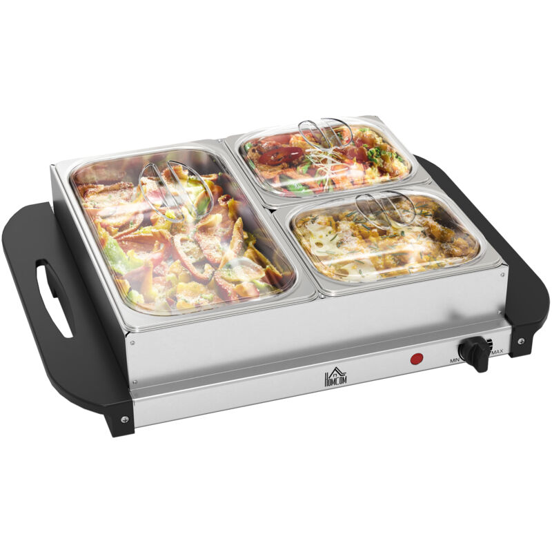 HOMCOM 6L Electric Food Warmer Buffet Server w/ Lids Cool Touch Handles, Silver