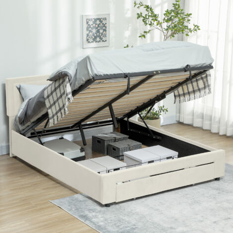 HOMCOM 4ft6 Double Bed Frame with Storage and Adjustable Headboard, Cream