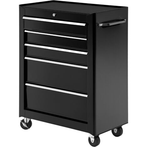 HOMCOM 5-Drawer Lockable Steel Tool Storage Cabinet Wheels Handle 2 Keys Black
