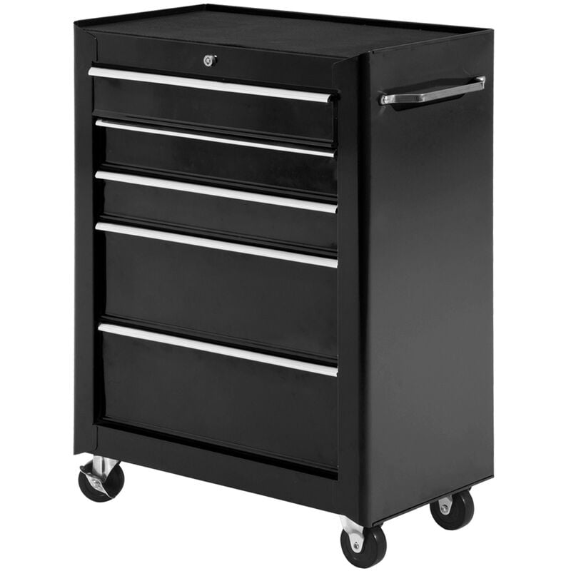 Homcom - 5-Drawer Lockable Steel Tool Storage Cabinet Wheels Handle 2 Keys Black - Black