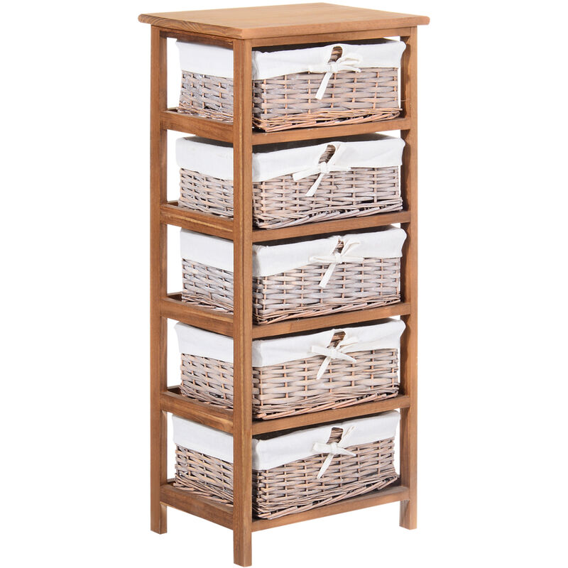 Homcom 5 Drawer Storage Unit Wooden Frame With Wicker Woven