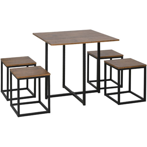 HOMCOM 5 PCS Industrial Boxy Table & Stool Set Metal Frame Cool Dining Seating