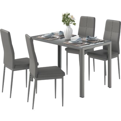 HOMCOM 5 Piece Dining Set Table and 4 Chairs Set for 4 Persons Kitchen Glasstop