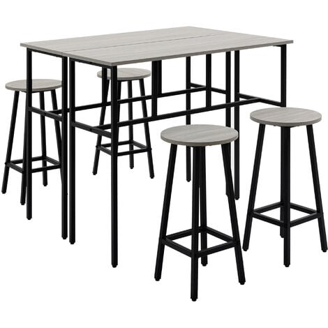 HOMCOM 6-teilig Essgruppe 2 Bistrotisch mit 4 Stühlen Hocker Bartisch Set Esszimmergruppe Sitzgruppe im Industrial Design Barhocker-Set für Wohnzimmer Esszimmer Spanholz Stahl Grau+Schwarz