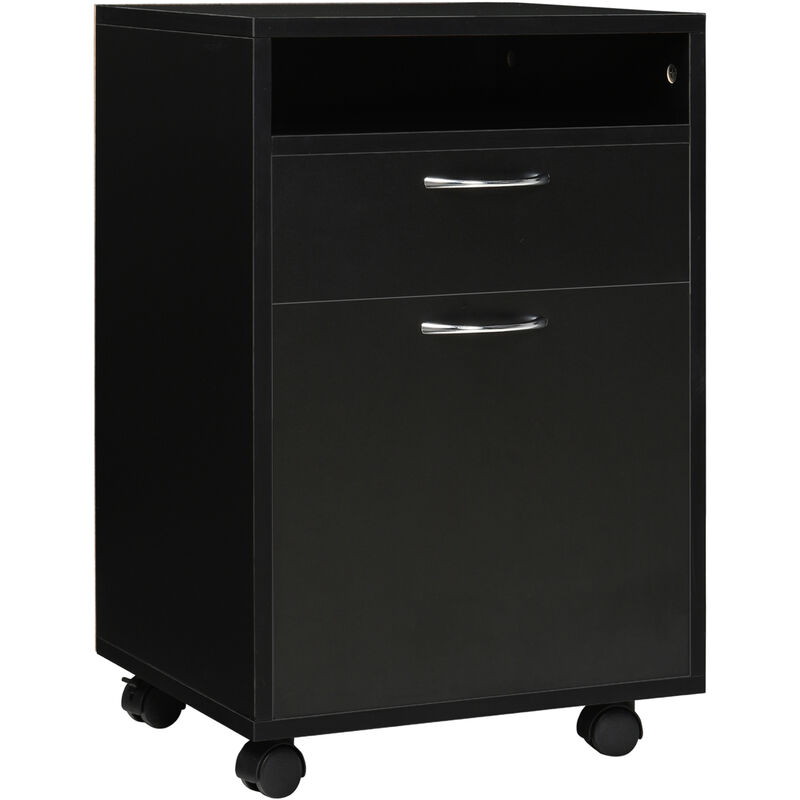 Homcom - 60cm Storage Cabinet w/ Drawer Open Shelf Metal Handles 4 Wheels Black - Black