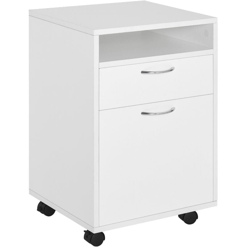 Homcom - 60cm Storage Cabinet w/ Drawer Open Shelf Metal Handles 4 Wheels White - White