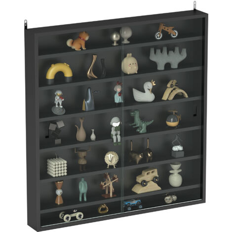 HOMCOM 7-Tier Wall Display Cabinet w/ Shelves Glass Doors, Black