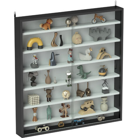 HOMCOM 7-Tier Wall Display Cabinet w/ Shelves Glass Doors, Black and White