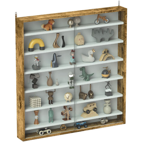 HOMCOM 7-Tier Wall Display Cabinet w/ Shelves Glass Doors, Rustic Brown
