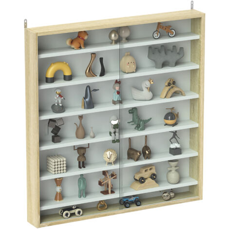 HOMCOM 7-Tier Wall Display Cabinet with Shelves and Glass Doors, Oak