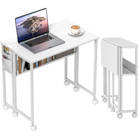 HOMCOM 80 cm Foldable Computer Desk on Wheels for Small Spaces White
