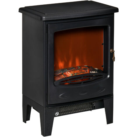 main image of "HOMCOM 900W/1800W Freestanding Electric Fireplace Stove Heater w/ Flame Effect Black"