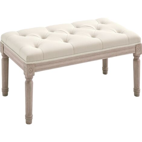 HOMCOM Accent Bench Tufted Upholstered Foot Stool Linen-Touch Fabric Ottoman Beige