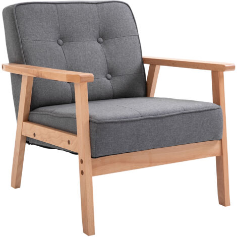 HOMCOM Accent Chair Linen Armchair w/ Rubber Wood Frame Grey Natural