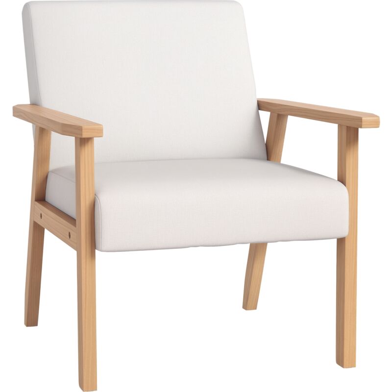 Accent Chair with Wood Frame Wide Seat Linen Armchair Cream White - Homcom