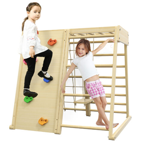 Homcom – Aire de jeux en bois 5 en 1 – Balançoire, mur d'escalade, filet à grimper, échelle horizontale – Dimensions 120 x 105 x 120 cm – Pour enfants 3+ ans - JEUX 5 EN