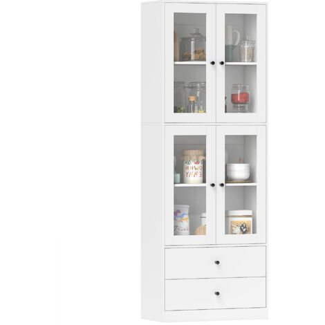 HOMCOM alacena de cocina alta, mueble auxiliar de cocina, con 4 puertas de vidrio, 2 cajones, estantes ajustables, 59x30x170 cm, blanco