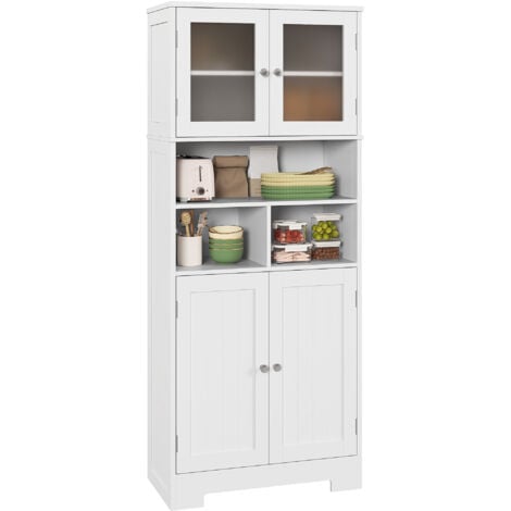 HOMCOM alacena de cocina mueble auxiliar de cocina con 2 puertas de vidrio estantes ajustables y compartimentos abiertos 60x30x145,5 cm blanco