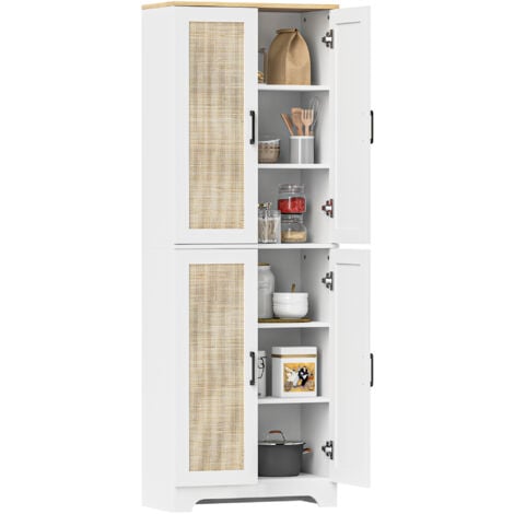 HOMCOM alacena de cocina mueble auxiliar de cocina con estantes ajustables puertas de ratán y sistema anti-vuelco 60x30x170 cm blanco