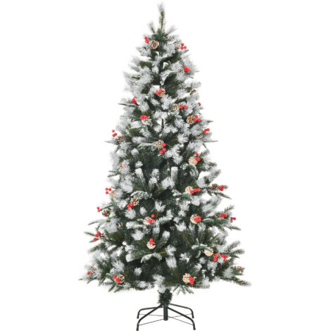HOMCOM Albero di Natale Innevato Altezza 180cm con Pigne Bianche e Bacche Rosse