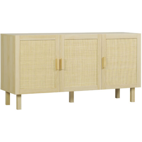 HOMCOM aparador 3 puertas de rejilla de ratán aparador para salón nórdico con estantes ajustables para comedor entrada dormitorio natural 136x41x70 cm