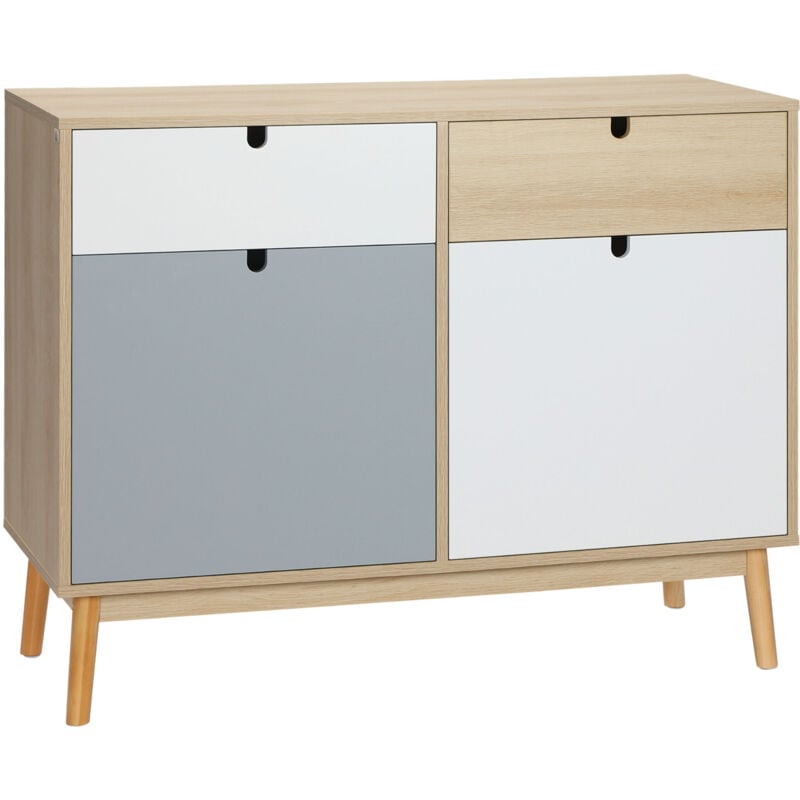 

Aparador Auxiliar de Salón con 2 Armarios Cerrados y 2 Cajones Patas Elevadas de Madera de Pino para Cocina Dormitorio 100x40x79,5 cm - Blanco, Gris,