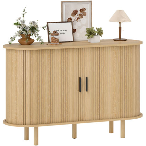 HOMCOM aparador con puertas tambour deslizantes, aparador para salón moderno, con 4 compartimentos y patas de madera, roble, 120x40x78 cm