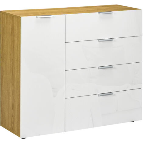 HOMCOM aparador de salón de alto brillo cajonera y cómoda con 4 cajones puerta y estantes ajustables para comedor dormitorio 105x35x92 cm