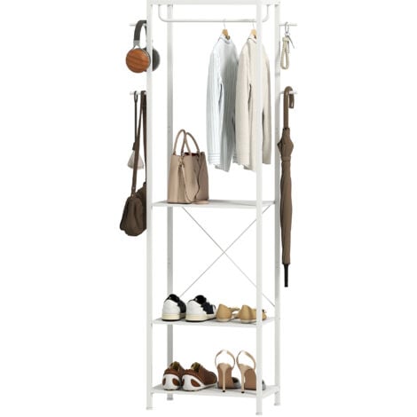 HOMCOM Appendiabiti da Terra con Scarpiera, 4 Ganci e Mensola 52x30x180cm Bianco