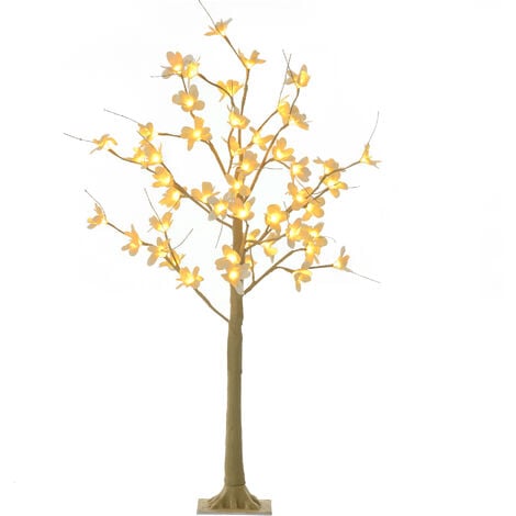 HOMCOM árbol de flor cerezo con 48 luces LED IP44 en blanco cálido ramas flexibles base lámpara de árbol decoración Navidad para Interior 18x18x120 cm