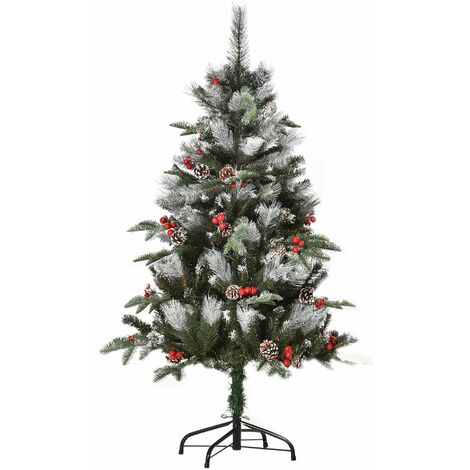 HOMCOM árbol de Navidad artificial 120 cm con 266 ramas 27 piñas y 27 bayas hojas de plástico base de soporte plegable metálica para interiores verde
