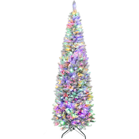 HOMCOM árbol de Navidad estrecho 210 cm, árbol de Navidad nevado con luces LED bicolores, 11 modos de iluminación, 687 ramas, fácil de montar, verde