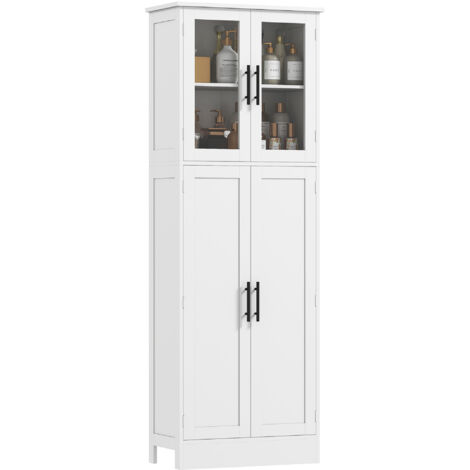 HOMCOM Armadietto Bagno Alto Ripiani Regolabili, Ante in Vetro e Legno Bianco