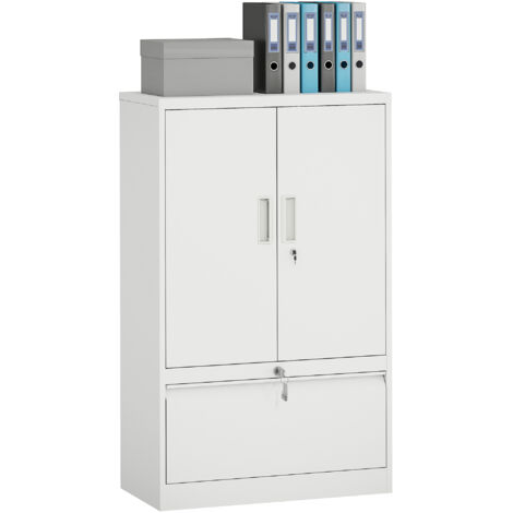HOMCOM Armadio Portadocumenti 2 Ante in Acciaio con Serratura, Schedario da Ufficio con Ripiani Regolabile su 25 Livelli, Cassetto per Lettera/Legale/Formato A4, Mobiletto Multiuso, per Studio, Bianco